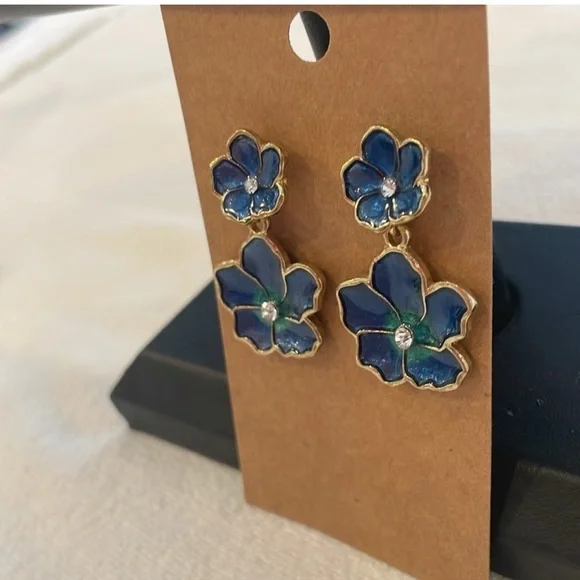 Vintage Double Flower Blue Enamel With Crystal Rhinestone Drop Earrings - Picture 3 of 8
